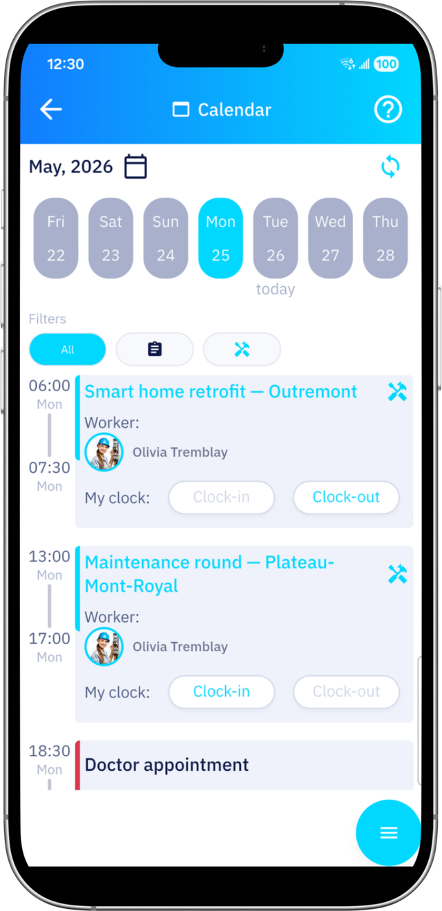 KAVIO calendar with jobs and clock-in